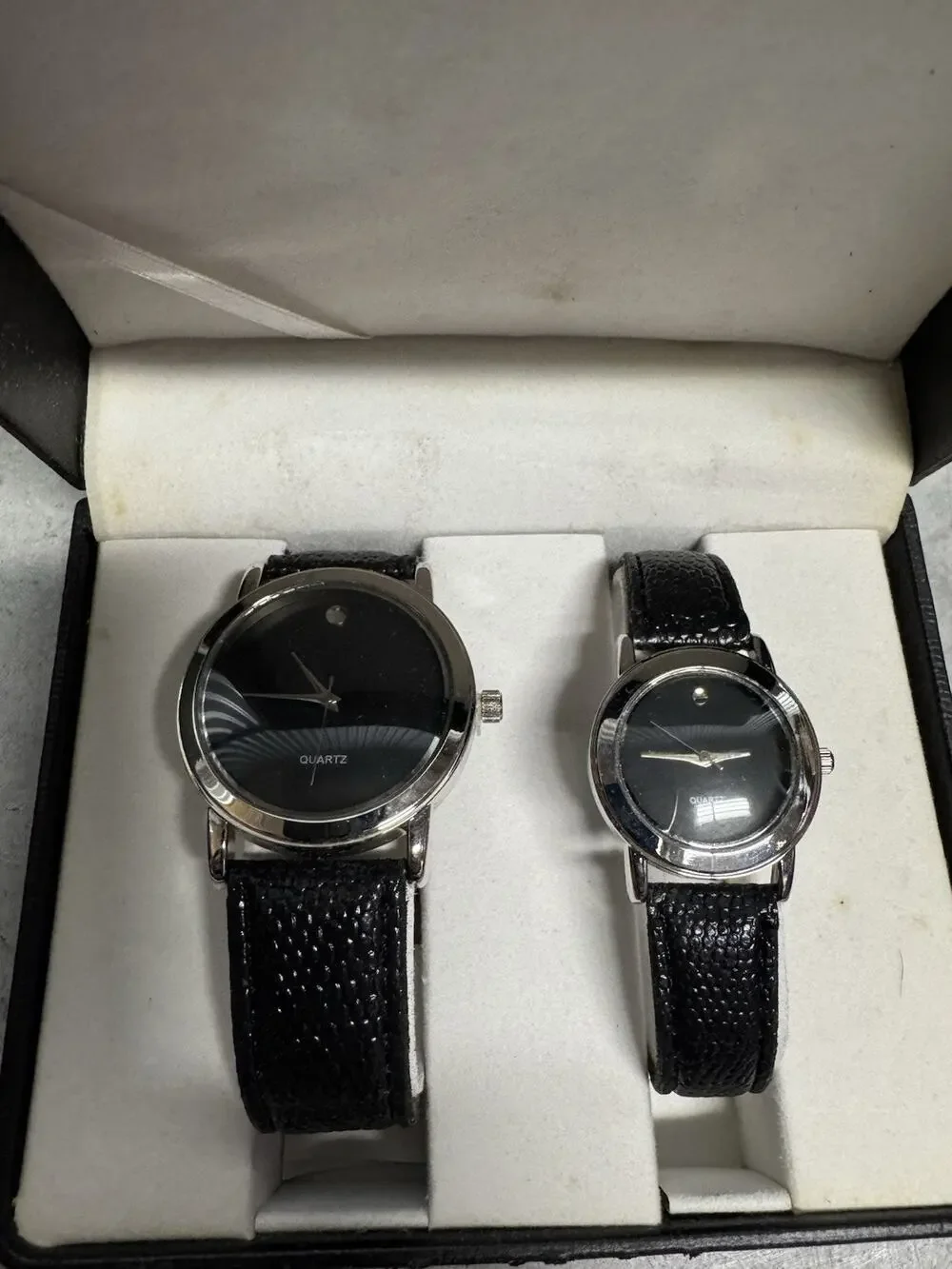 Quartz men/women watch set black band. New, Guard Still On Crown Faux Leather